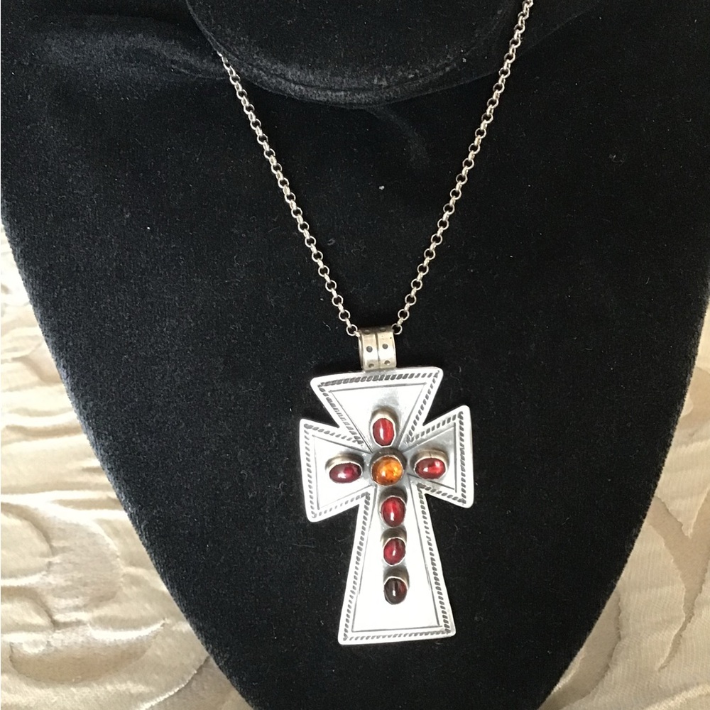 Sterling Silver and Red Cross Pendant Necklace